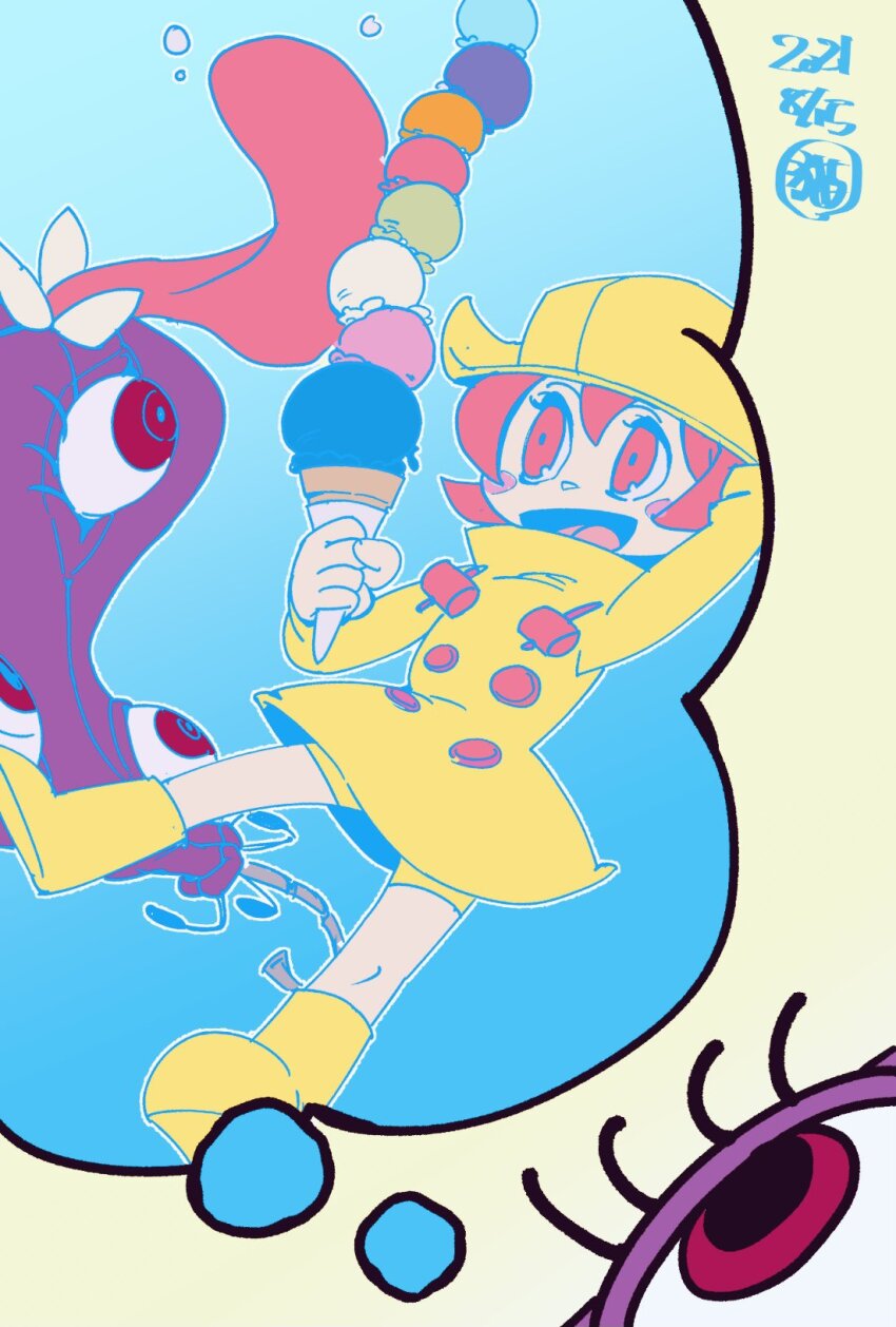 1girl 2021 blue_background blush_stickers boots food hat highres hungern_(skullgirls) ice_cream ice_cream_cone monster neko_mata_g open_mouth pink_eyes pink_hair raincoat red_eyes short_hair skullgirls smile solo speech_bubble thought_bubble tongue tongue_out umbrella_(skullgirls) yellow_background
