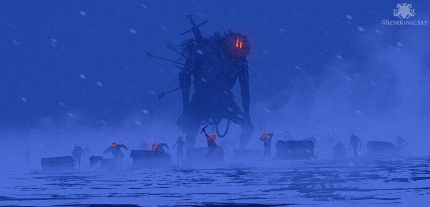 1boy 6+others @_(symbol) arrow_(projectile) artist_logo artist_name broken broken_sword broken_weapon commentary elden_ring english_commentary flaming_eyes glowing glowing_eyes highres impaled logo monster multiple_others renekovacart snow storm sword tomb troll_(elden_ring) weapon winter yellow_eyes