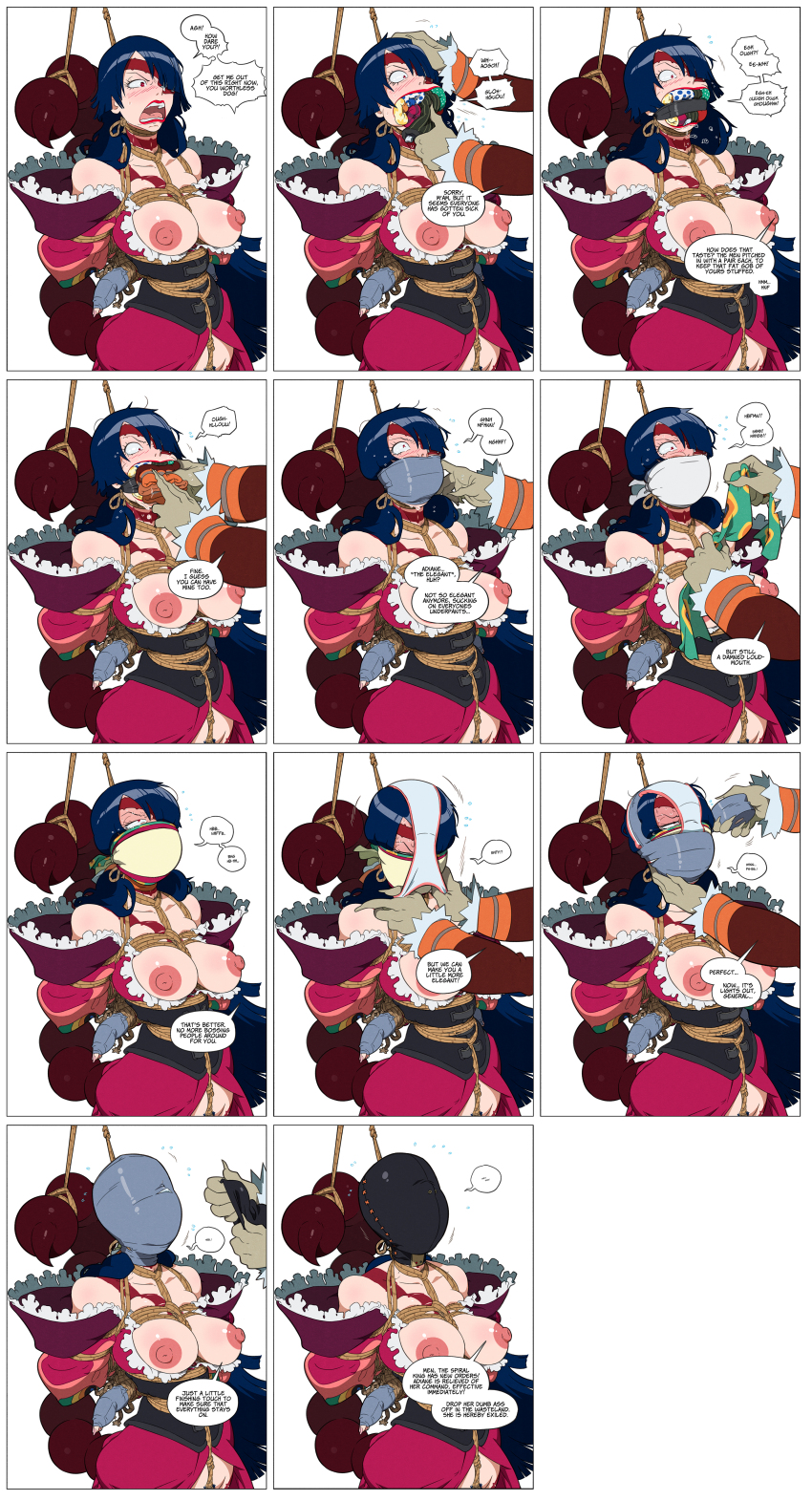 1girl absurdres adiane arms_behind_back bare_shoulders bdsm blue_hair bondage bound breasts clothes_gag comic corset dress elijah_pink eyepatch full_mouth gag gagged highres improvised_gag long_hair medium_breasts panties panty_gag red_dress rope scorpion_tail simple_background solo_focus speech_bubble surprised tail tape tape_gag tattoo tengen_toppa_gurren_lagann underwear very_long_hair white_background