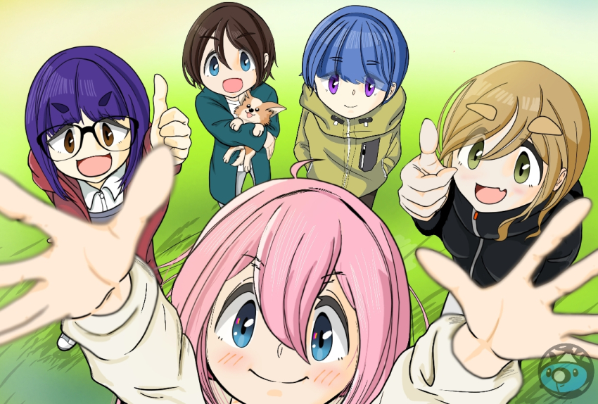 5girls animal blonde_hair blue_eyes blue_hair blush bushy_eyebrows chikuwa_(yurucamp) closed_mouth day dog dot_nose fang feet_out_of_frame female_focus skin_fang glasses grass green_eyes hair_between_eyes hands_in_pockets holding inuyama_aoi kagamihara_nadeshiko long_hair multiple_girls no_nose oogaki_chiaki open_clothes open_mouth outdoors outstretched_arms pet pink_hair purple_eyes saitou_ena shima_rin skin_fang smile standing thick_eyebrows thumbs_up winter_clothes yurucamp