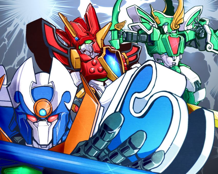 aquabeat bow_(weapon) glowing granzort green_eyes highres holding holding_bow_(weapon) holding_weapon horns madou_king_granzort mecha mengnaidu no_humans open_hand red_eyes robot single_horn super_robot weapon winzart