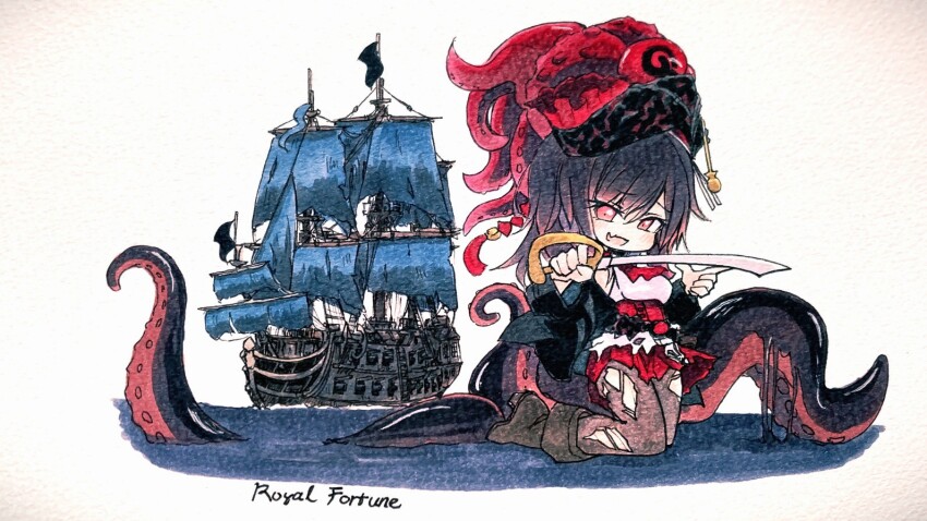 1girl ascot azur_lane black_boots black_hair black_pantyhose boots character_name chibi chibi_only hat holding holding_sword holding_weapon kikusui_karakuchi marker_(medium) pantyhose pirate_hat red_ascot red_eyes royal_fortune_(azur_lane) saber_(weapon) sail sailing_ship simple_background solo suction_cups sword tentacle_hair tentacles torn_clothes torn_pantyhose traditional_media weapon white_background