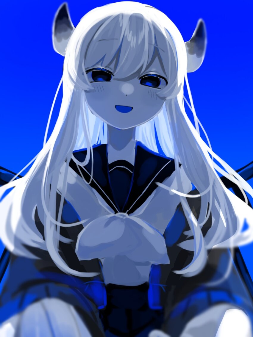 1girl backlighting black_sailor_collar blue_background blue_cardigan blue_eyes blue_tongue blush cardigan cardigan_partially_removed cevio colored_skin colored_tongue commentary_request cowboy_shot half-closed_eyes head_tilt highres horns isei_ni_ikou_ne_(cevio) long_hair looking_at_viewer maki_(makidayooooo) neckerchief open_cardigan open_clothes railing sailor_collar school_uniform serafuku shirt smile solo standing tentacle_arm white_neckerchief white_shirt white_skin