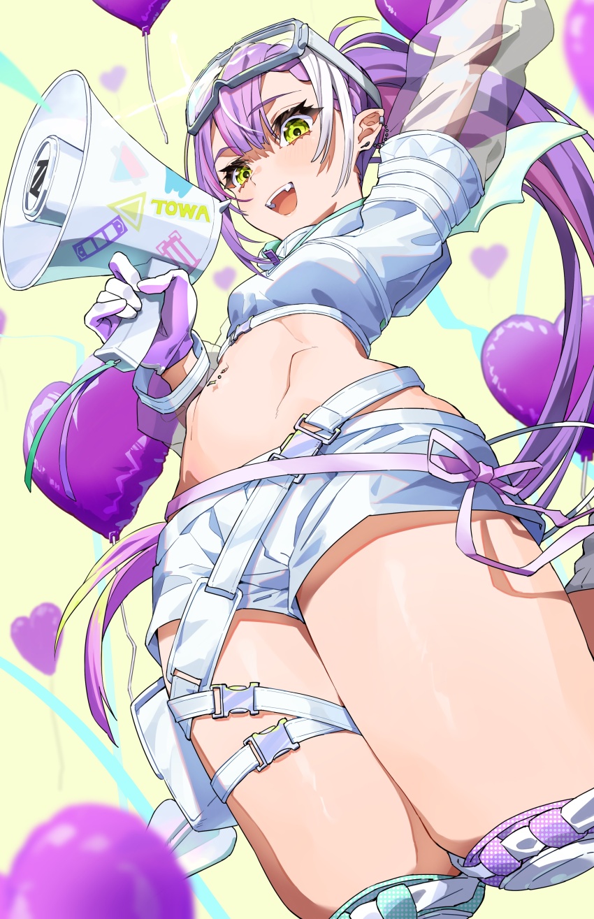 1girl absurdres balloon braid braided_bangs ear_chain from_below gashino gloves goggles goggles_on_head heart_balloon highres holding holding_megaphone hololive jumping knee_pads linked_piercing megaphone midriff multicolored_hair navel navel_piercing open_mouth piercing ponytail pouch purple_hair purple_ribbon ribbon see-through_clothes see-through_sleeves short_shorts shorts shrug_(clothing) solo streaked_hair teeth thigh_pouch thigh_strap tokoyami_towa tokoyami_towa_(cyberpunk) upper_teeth_only virtual_youtuber white_gloves white_shorts yellow_eyes