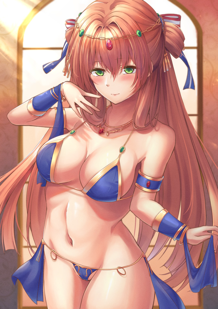 1girl alternate_costume arm_up bare_shoulders belly_dancing bikini blue_bikini blush breasts cleavage closed_mouth collarbone dancer feet_out_of_frame girls&#039;_frontline green_eyes hair_ornament hair_ribbon highres jewelry lips long_hair looking_at_viewer medium_breasts navel necklace orange_hair ribbon smile solo springfield_(girls&#039;_frontline) standing stomach swimsuit xlscaler