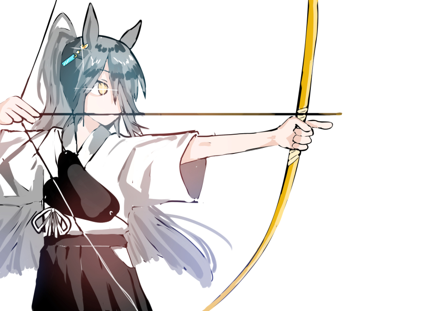 1girl aiming archery black_hair black_skirt bow_(weapon) commentary drawing_bow ear_tag earrings gentil_uma_suki glowing glowing_eye hakama hakama_skirt high_ponytail highres holding holding_bow_(weapon) holding_weapon index_finger_raised japanese_clothes jewelry kimono kyuudou long_hair manhattan_cafe_(umamusume) muneate navel ponytail short_sleeves simple_background single_earring skirt solo symbol-shaped_pupils umamusume very_long_hair weapon white_background white_kimono yellow_eyes yumi_(bow)
