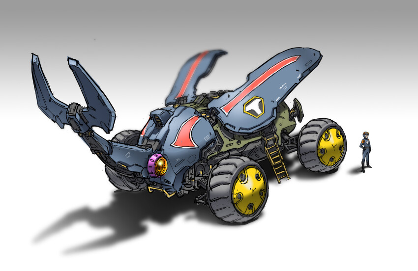 1boy bug cho_yonghee emblem gradient_background helmet highres ladder machinery mecha mekabuton open_hatch redesign robot roundel scarab science_fiction shadow tanpei_(time_bokan) time_bokan time_bokan_(series) time_machine uniform unused_tire yellow_eyes