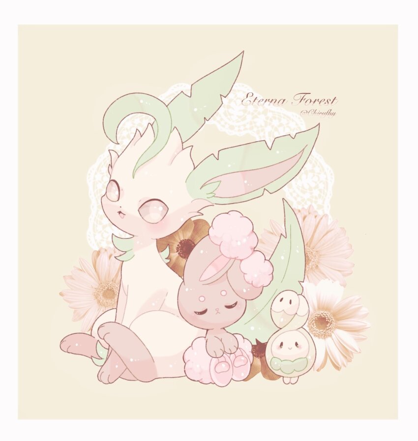 alternate_color black_eyes blush brown_eyes budew buneary closed_eyes closed_mouth commentary_request gen_4_pokemon highres leafeon nintendo no_humans one_(chirufhy) open_mouth pokemon pokemon_(creature) shiny_pokemon smile twitter_username yellow_background