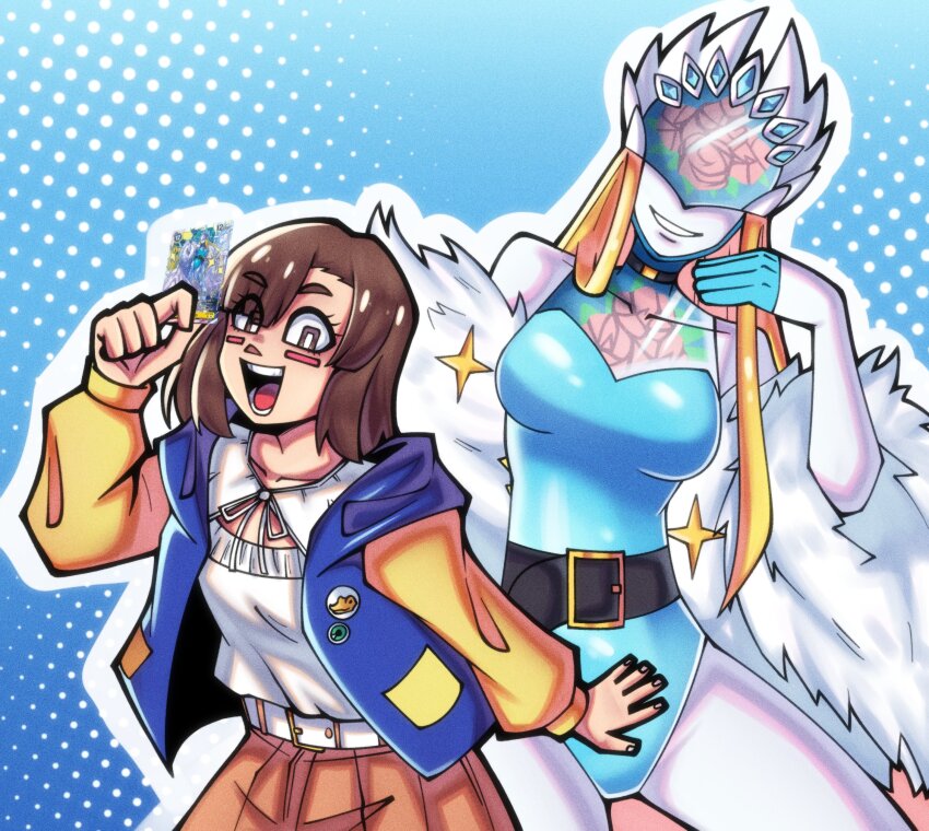 2girls blonde_hair cendrillmon digimon digimon_(creature) kinosaki_arisa looking_at_viewer multiple_girls open_mouth smile