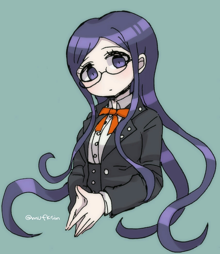 1girl aqua_background black-framed_eyewear black_corset black_jacket blue_eyes blue_hair bow bowtie buttons closed_mouth collared_jacket collared_shirt commentary_request corset cropped_torso danganronpa_(series) danganronpa_v3:_killing_harmony dress_shirt expressionless eyelashes glasses head_tilt highres jacket lapels layered_sleeves light_blush light_frown long_hair long_sidelocks long_sleeves looking_at_viewer mufksin notched_lapels open_clothes open_jacket orange_bow orange_bowtie own_hands_together shirogane_tsumugi shirt sidelocks simple_background solo twitter_username very_long_hair wavy_hair white_shirt