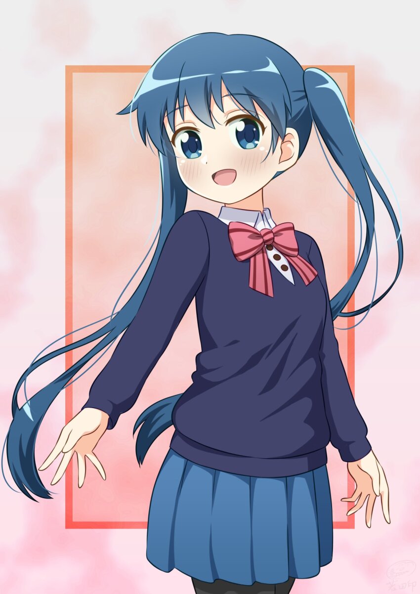 1girl black_pantyhose blue_eyes blue_hair blue_skirt blush bow dot_nose feet_out_of_frame female_focus hair_between_eyes highres kin-iro_mosaic komichi_aya long_sleeves looking_at_viewer open_mouth pantyhose school_uniform shirt skirt solo standing wakata24s white_shirt