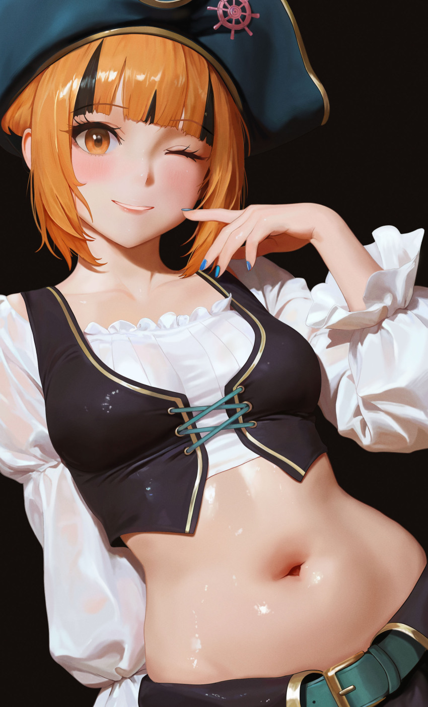 1girl absurdres belt black_background black_vest blue_nails commentary cropped_shirt cropped_vest eyelashes frilled_shirt frills gardenia_(pokemon) gardenia_(summer_2024)_(pokemon) green_belt grin hand_up hat highres kingamadeus0 nail_polish navel nintendo official_alternate_costume one_eye_closed orange_eyes orange_hair pirate_hat pokemon pokemon_masters_ex ship&#039;s_wheel_ornament shirt short_hair simple_background smile solo stomach teeth vest wet wet_clothes wet_shirt white_shirt
