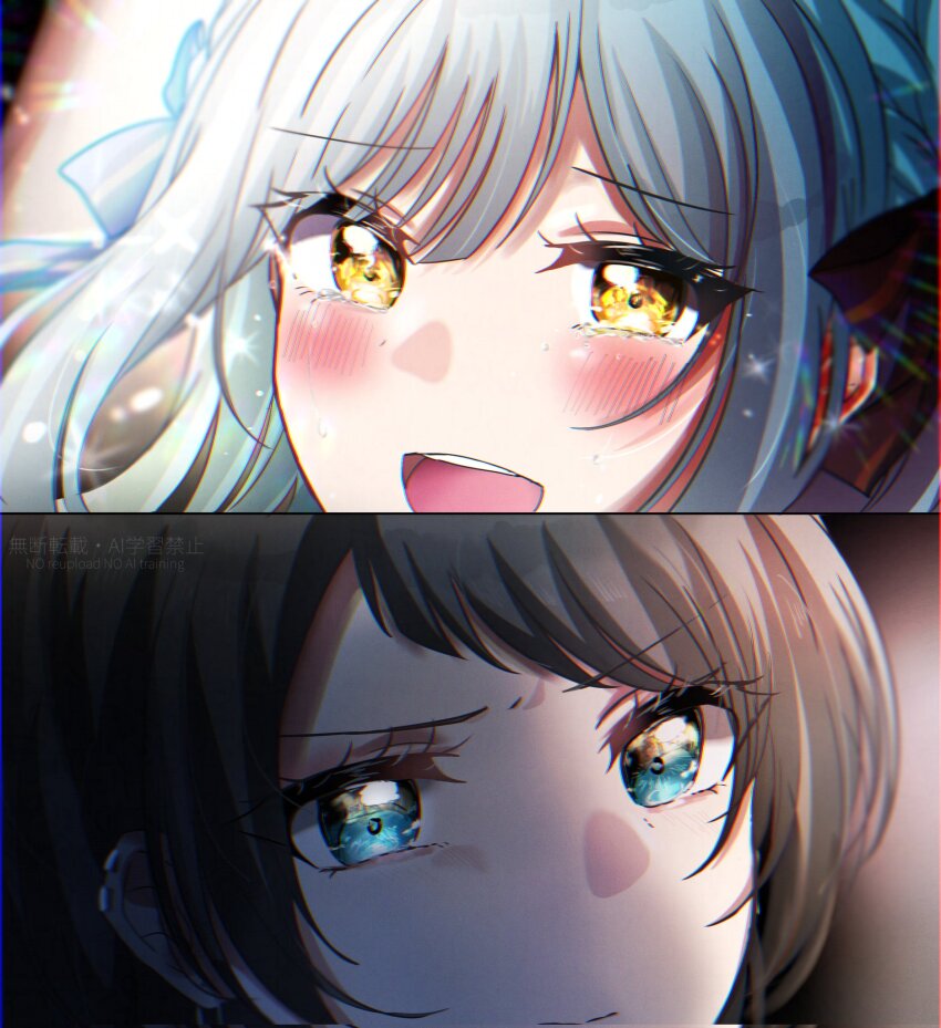 2girls asahi_rise bang_dream! bang_dream!_it&#039;s_mygo!!!!! black_hair black_ribbon blue_eyes blue_hair blush close-up closed_mouth commentary_request crying crying_with_eyes_open earclip hair_ribbon highres long_hair multiple_girls open_mouth ribbon tears teeth togawa_sakiko upper_teeth_only yahata_umiri yellow_eyes