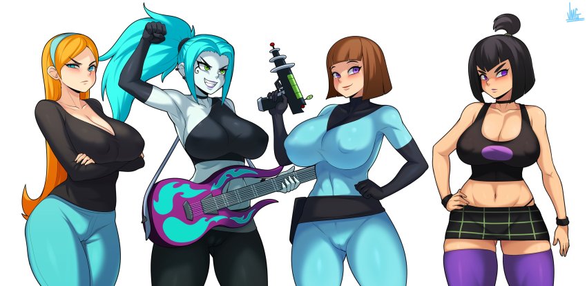 1girl 4girls absurdres alternate_breast_size alternate_legwear aqua_eyes aqua_hair aqua_hairband aqua_pants arm_up armpits arms_under_breasts artist_name bare_shoulders belt black_gloves black_hair black_shirt black_skirt black_tank_top blue_bodysuit blue_hairband blue_pants blue_skin blunt_bangs blunt_ends blush bodysuit breasts brown_hair cameltoe choker cleavage closed_mouth collarbone colored_skin covered_erect_nipples cowboy_shot crossed_arms danny_phantom derivative_work ear_piercing earrings elbow_gloves ember_mclain everyone gloves goth_fashion green_eyes guitar gun hairband hand_on_own_hip highres holding holding_gun holding_instrument holding_weapon impossible_bodysuit impossible_clothes instrument jasmine_fenton jewelry jmg large_breasts long_hair long_sleeves looking_at_viewer maddie_fenton mature_female midriff multiple_girls navel orange_hair pants pantyhose parted_lips photo-referenced piercing plaid_clothes plaid_skirt ponytail purple_eyes purple_thighhighs reference_work sam_manson shirt short_hair sidelocks signature simple_background single_glove skin_tight skirt smile solo tank_top thighhighs very_long_hair weapon white_background