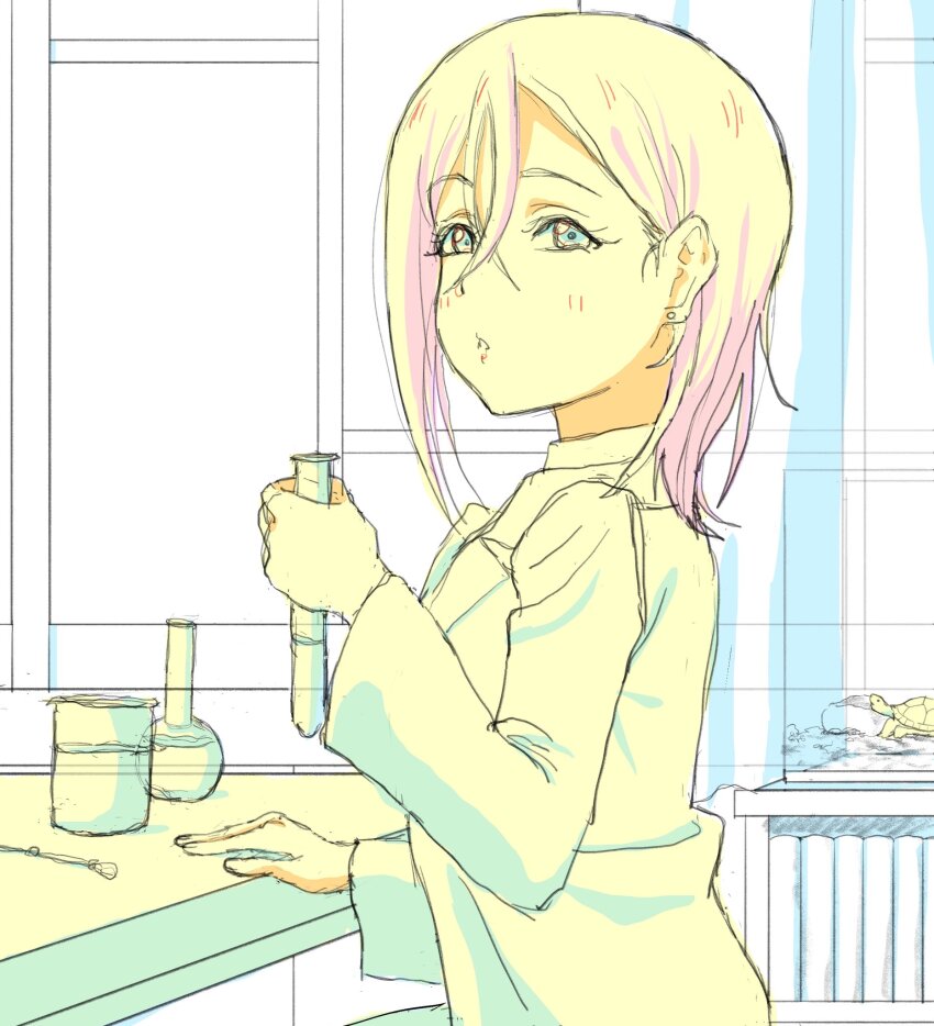 1girl beaker blush crossed_bangs earrings flask hair_between_eyes highres holding holding_test_tube indoors jewelry lab_coat lips love_live! love_live!_superstar!! medium_hair parted_lips round-bottom_flask solo stud_earrings test_tube tortoise turtle unfinished upper_body wakana_shiki yaji11093
