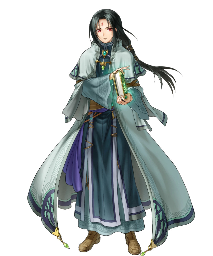 1boy black_hair book boots brooch brown_boots capelet coat facial_mark fire_emblem fire_emblem:_radiant_dawn fire_emblem_heroes forehead_mark full_body gem green_gemstone highres holding holding_book jewelry kita_senri long_hair looking_at_viewer male_focus nintendo non-web_source official_art red_eyes solo soren_(fire_emblem) soren_(radiant_confidant)_(fire_emblem) standing transparent_background