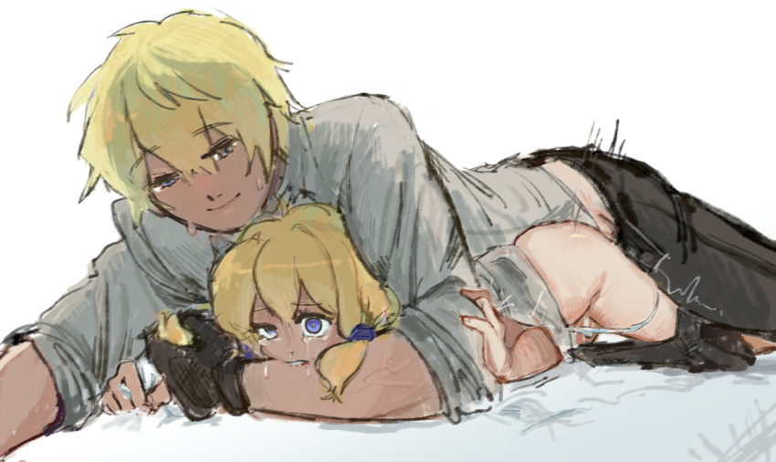 1boy 1girl ahoge bed_sheet biting biting_arm black_pants black_skirt blonde_hair blue_eyes cum cumdrip drawfag gloves gradient_hair hair_between_eyes height_difference holding holding_sheet multicolored_hair nijisanji nijisanji_en panties pants panty_pull petite restrained sex sex_from_behind shirt short_hair short_twintails shorts simple_background skirt sonny_brisko sonny_brisko_(1st_costume) sweatdrop tears twintails twitching twitching_pussy underwear vaginal virtual_youtuber