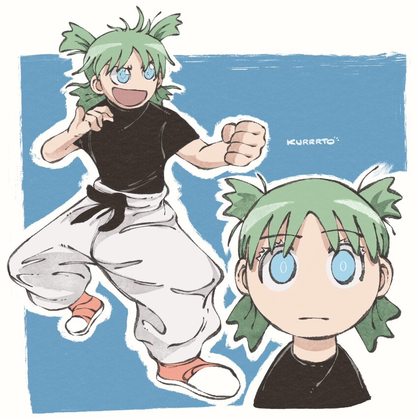 1girl black_shirt blue_background blue_eyes closed_mouth colored_eyelashes cosplay crossover eyelashes fighting_stance gojou_satoru gojou_satoru_(cosplay) green_hair grey_hair highres horse_stance koiwai_yotsuba kurrrto pinky_out quad_tails shirt shoes simple_background sneakers t-shirt yotsubato!