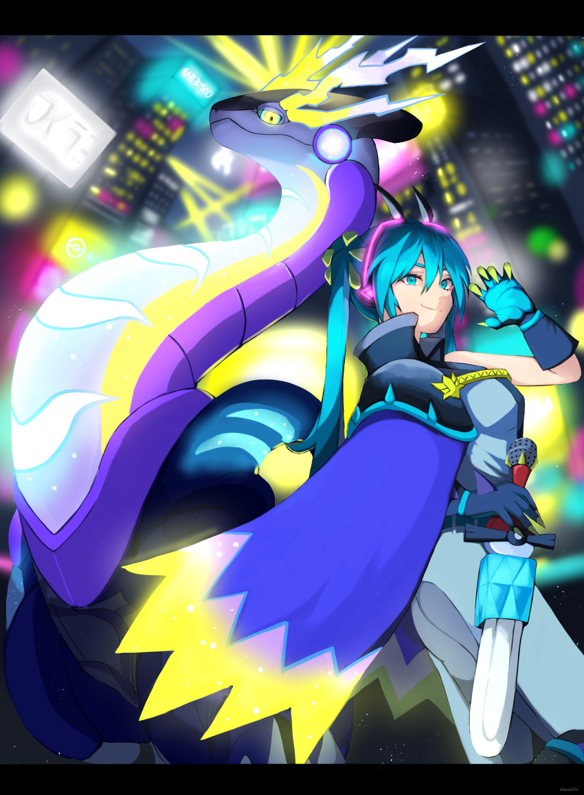 1girl 1other absurdres aqua_eyes aqua_gloves aqua_hair blonde_hair breasts building claw_pose closed_mouth dragon dragon_miku_(project_voltage) electricity gloves hair_between_eyes hair_ornament hatsune_miku headphones highres holding holding_microphone long_hair looking_at_viewer medium_breasts microphone miraidon neon_lights night night_sky nintendo official_alternate_costume official_alternate_hairstyle outdoors pokemon pokemon_(creature) project_voltage sky smile twintails vocaloid yuu_(yuu777hh)