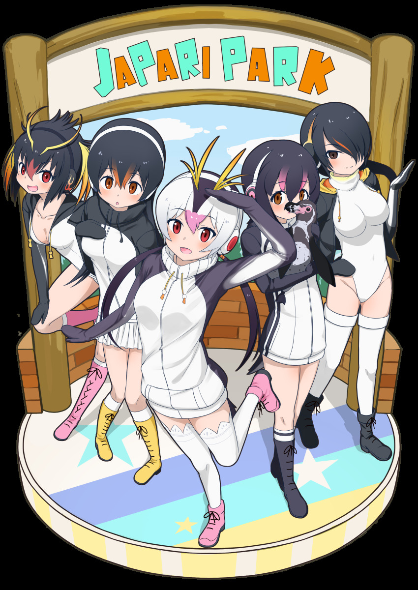 5girls :d absurdres bird black_eyes black_footwear black_hair boots breasts brown_eyes carrying commentary deku_suke drawstring emperor_penguin_(kemono_friends) gentoo_penguin_(kemono_friends) grape-kun hair_between_eyes hair_over_one_eye headphones highres hood hoodie humboldt_penguin_(kemono_friends) kemono_friends knee_boots leotard long_hair looking_at_viewer low_twintails medium_breasts multicolored_hair multiple_girls open_mouth orange_hair penguin penguins_performance_project_(kemono_friends) pink_boots pink_hair red_eyes rockhopper_penguin_(kemono_friends) royal_penguin_(kemono_friends) salute short_hair smile standing standing_on_one_leg thighhighs twintails white_hair white_legwear white_leotard yellow_boots