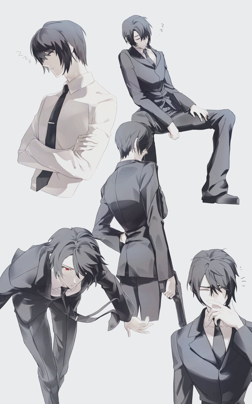 1boy black_footwear black_hair black_jacket black_necktie black_pants closed_eyes collared_shirt commentary_request cropped_legs crossed_arms feet_out_of_frame final_fantasy final_fantasy_vii formal_clothes from_behind grey_background gun handgun highres holding holding_gun holding_weapon invisible_chair jacket lily_(shio1006) male_focus multiple_views necktie pants red_eyes shirt short_hair sitting sleeping suit turks_(ff7) upper_body vincent_valentine weapon white_shirt zzz