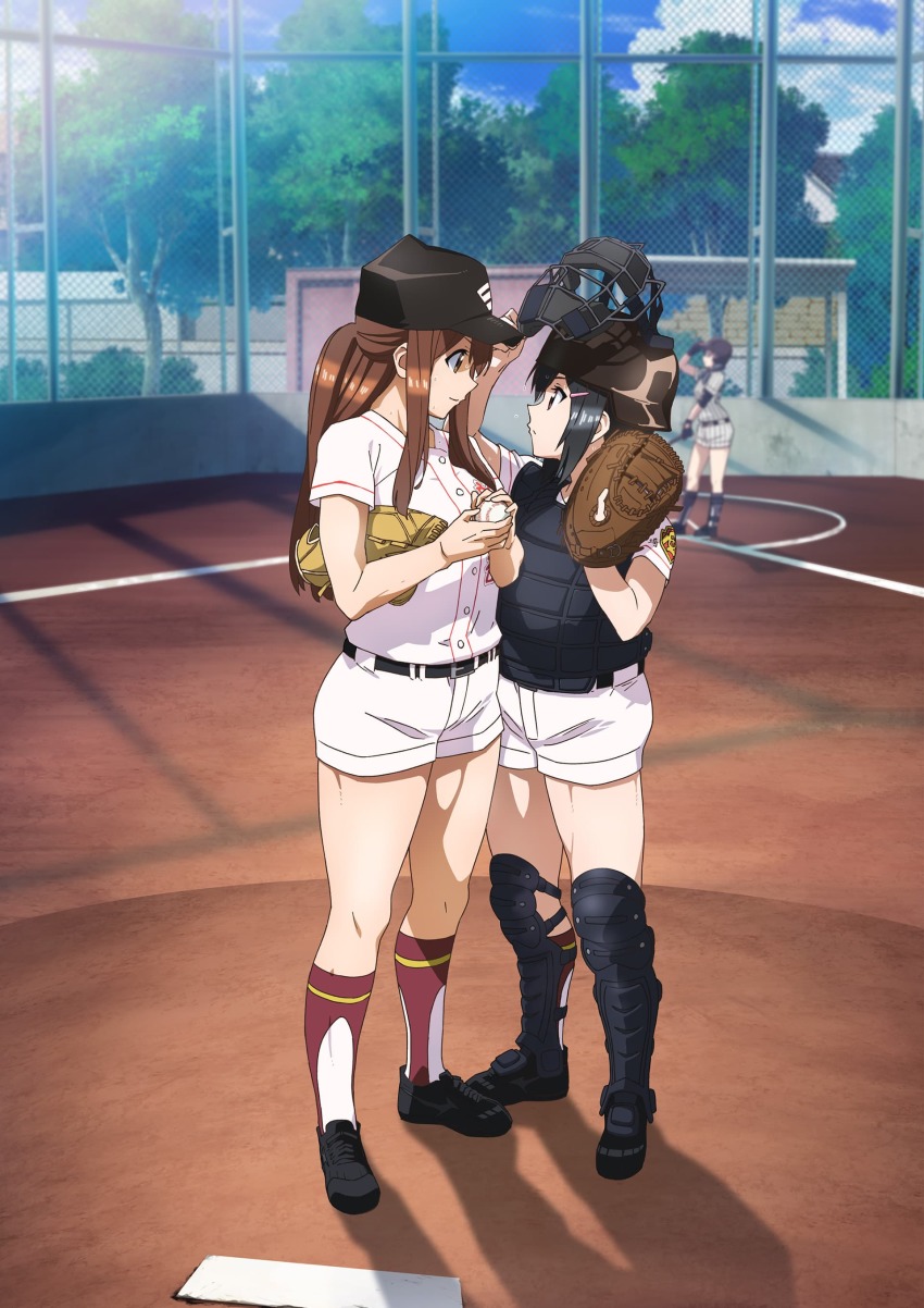 3girls absurdres ball baseball baseball_(object) baseball_bat baseball_cap baseball_glove baseball_helmet baseball_jersey baseball_uniform belt black_hair brown_eyes catcher character_request chest_protector clothes_writing cloud cloudy_sky day hair_ornament hairpin hat helmet high-waist_shorts highres holding holding_ball jersey key_visual long_hair looking_at_another multiple_girls official_art outdoors ponytail promotional_art shin_guards short_hair shorts sidelocks sky socks sportswear sweat takeda_yomi tamayomi tree yamazaki_tamaki