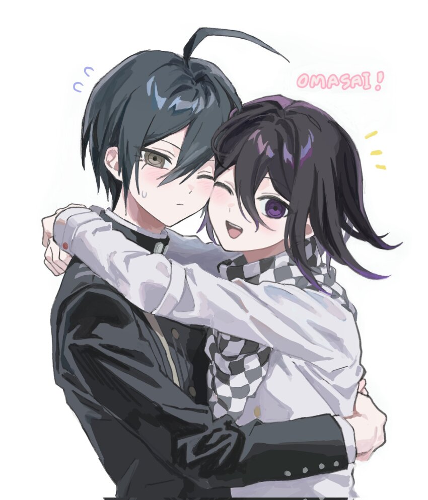 2boys ;d ahoge black_hair black_jacket brown_eyes checkered_clothes checkered_scarf danganronpa_(series) danganronpa_v3:_killing_harmony from_side hair_between_eyes highres hug jacket long_sleeves looking_at_viewer male_focus multiple_boys nekor0id nyapitalism oma_kokichi one_eye_closed open_mouth purple_eyes purple_hair saihara_shuichi scarf short_hair simple_background smile teeth upper_body