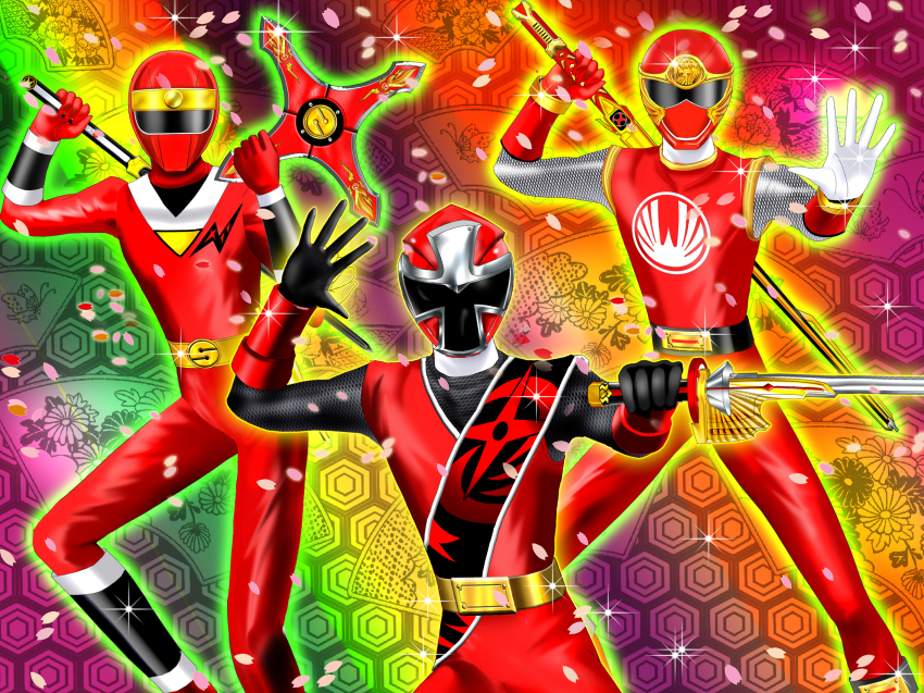 3boys akaninger belt belt_buckle bodysuit bracer buckle bug butterfly cherry_blossoms fishnets floral_background flower gloves gradient_background hand_up helmet highres holding holding_weapon hurricane_red insect looking_at_viewer luna_rune male_focus mask multiple_boys ninja ninja_red ninja_sentai_kakuranger ninpuu_sentai_hurricanger outline over_shoulder petals rainbow_background shuriken shuriken_sentai_ninninger sparkle spread_legs standing super_sentai sword trait_connection vambraces weapon weapon_over_shoulder white_gloves