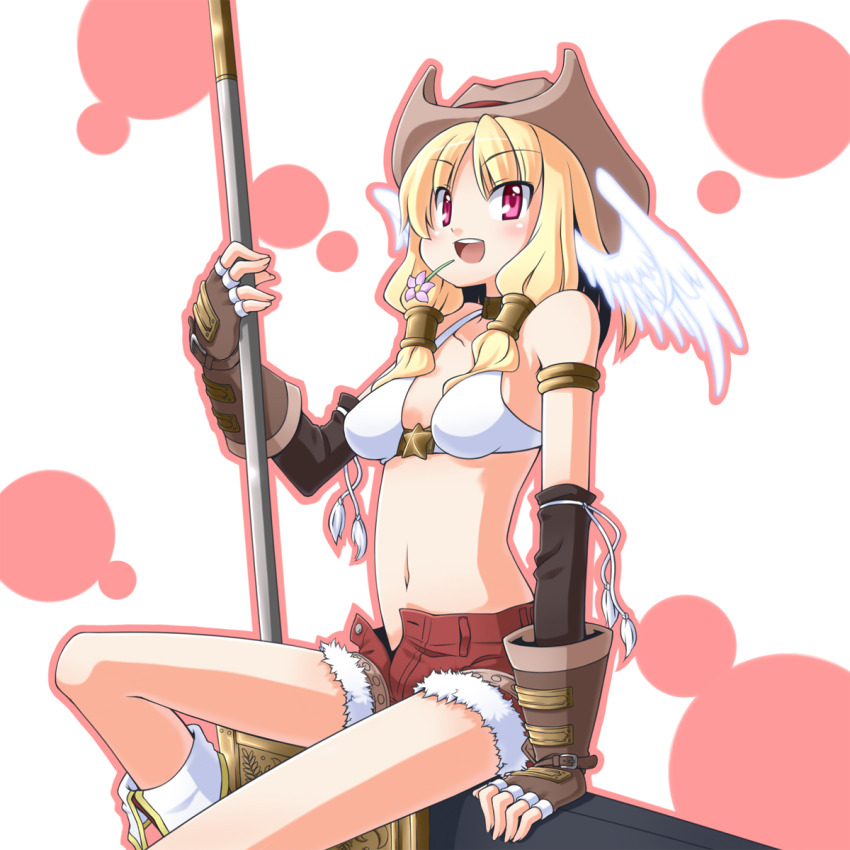 1girl axe bikini bikini_top_only blonde_hair blush boots breasts brown_gloves brown_hat commentary_request feathered_wings feet_out_of_frame fingerless_gloves flower flower_in_mouth fur-trimmed_shorts fur_trim gloves hair_tubes hat head_wings highres hinosita_hikari holding holding_axe looking_at_viewer medium_breasts navel open_fly open_mouth pink_flower ragnarok_online red_eyes red_shorts short_shorts shorts sitting smile solo star_(symbol) swimsuit white_background white_bikini white_boots white_wings whitesmith_(ragnarok_online) wings