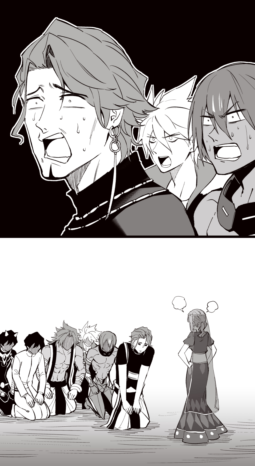1girl 6+boys absurdres angry arjuna_(fate) arjuna_alter_(fate) ashwatthama_(fate) bhima_(fate) black_background constricted_pupils dark-skinned_male dark_skin duryodhana_(fate) earrings fate/apocrypha fate/grand_order fate_(series) highres hirunagi jewelry karna_(fate) matou_sakura multiple_boys open_mouth parvati_(fate) seiza sitting sweat
