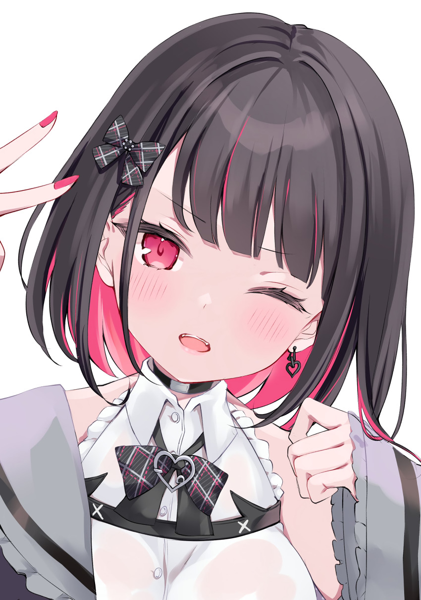 1girl absurdres black_hair blush buttons choker detached_sleeves earrings fingernails frills hand_up head_tilt highres indie_virtual_youtuber jewelry looking_at_viewer multicolored_hair nail_polish one_eye_closed open_mouth pink_eyes pink_hair rikotan rikotan_(vtuber) short_hair simple_background sleeves_past_wrists solo teeth two-tone_hair upper_body virtual_youtuber white_background