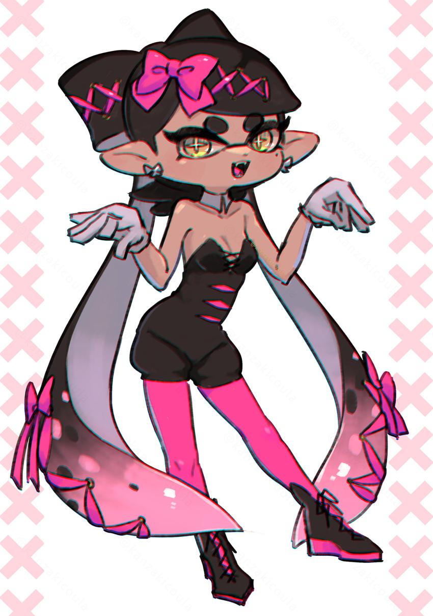 1girl :d ankle_boots bare_shoulders black_hair black_jumpsuit boots bow bow-shaped_hair breasts button_nose callie_(splatoon) callie_(squid_sisters_outfit)_(splatoon) chromatic_aberration cleavage collar collarbone commentary_request contrapposto coula_cat cross-shaped_pupils detached_collar earrings fangs gloves gradient_hair grin hair_bow hair_ornament highres inkling jewelry jumpsuit leaning_forward long_hair looking_at_viewer mole mole_under_eye multicolored_hair multiple_hair_bows nintendo open_mouth pantyhose paw_pose pink_bow pink_hair pink_pantyhose pointy_ears short_jumpsuit small_breasts smile solo splatoon_(series) strapless_jumpsuit swept_bangs symbol-shaped_pupils tentacle_hair thick_eyebrows two-tone_hair very_long_hair white_background white_collar white_gloves x_hair_ornament yellow_eyes