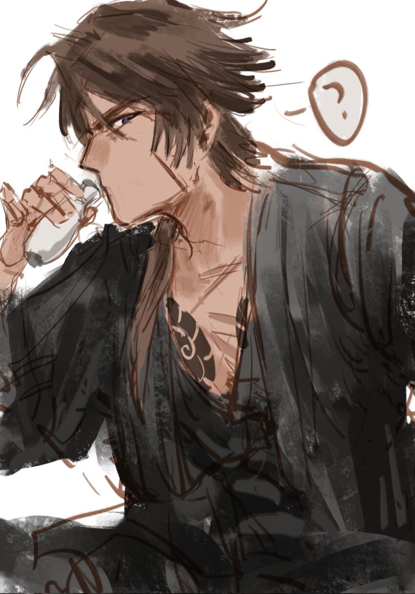 ? black_coat black_kimono bottle brown_hair coat heathcliff_(project_moon) highres holding holding_bottle japanese_clothes kimono kurokumo_clan_(identity)_(project_moon) limbus_company ling_zhiyun long_hair looking_at_viewer open_clothes open_coat parted_bangs project_moon purple_eyes simple_background speech_bubble tokkuri white_background
