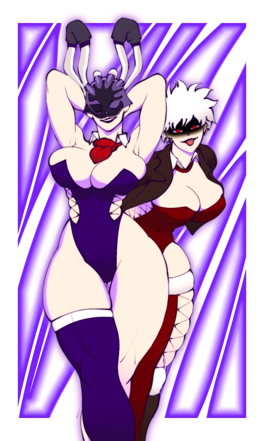 2girls age_difference albino all_for_one_(boku_no_hero_academia) alternate_costume ass boku_no_hero_academia breasts cleavage_cutout clothing_cutout female_focus genderswap genderswap_(mtf) hensket highres huge_ass jacket large_breasts lighting_bolt looking_at_viewer mask multiple_girls multiple_persona no_eyes pale_skin rabbit_girl red_eyes scar scar_on_face shaded_face smug solo teasing thick_thighs thighs tongue tongue_out white_hair aged_down