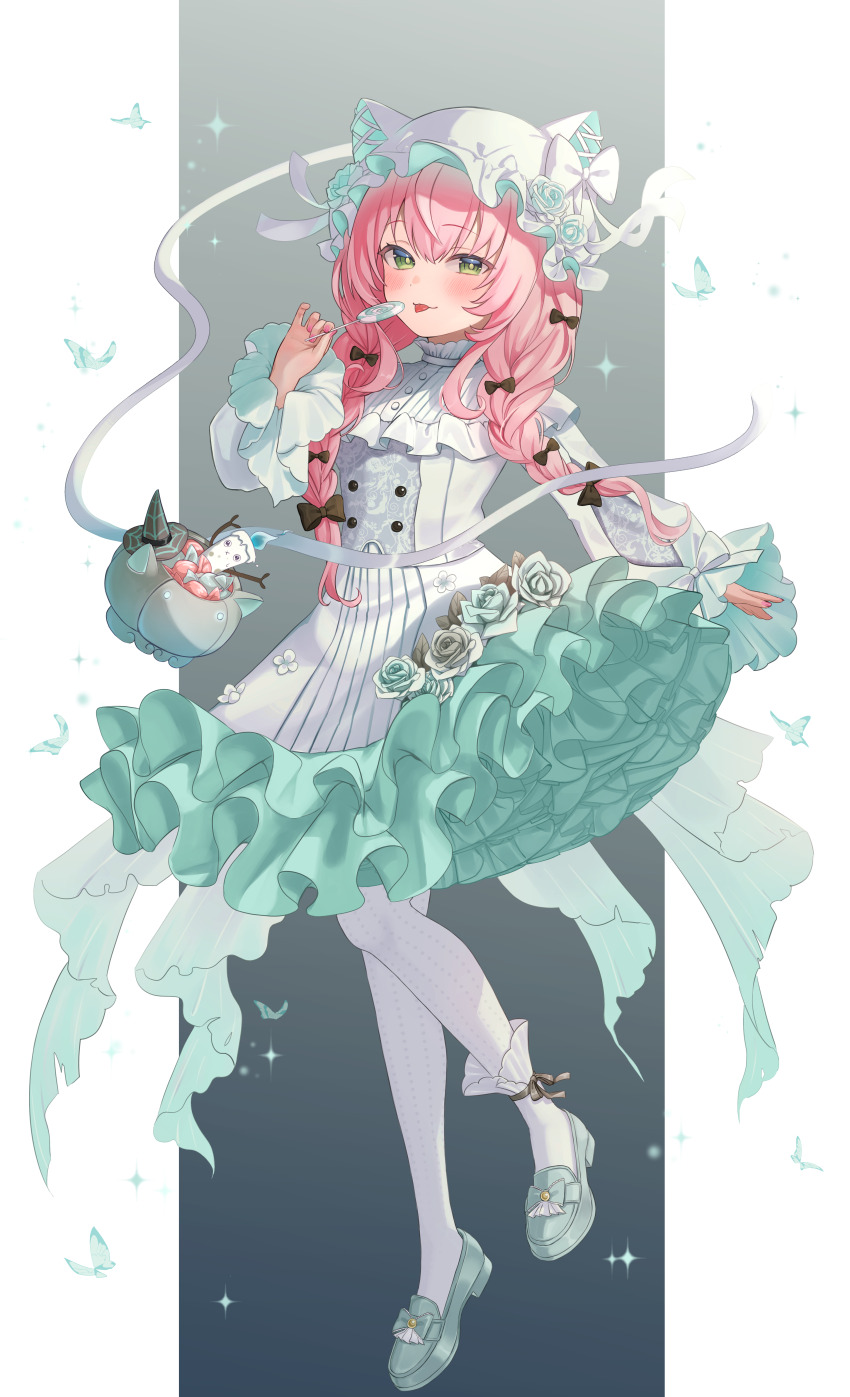 1girl :p absurdres animal_ears animal_hat blue_fire blue_shoes braid candle candy closed_mouth commentary_request dress fake_animal_ears fire food frilled_dress frilled_hat frills full_body green_eyes grey_background hair_between_eyes hair_over_shoulder hanazawa_ma hand_up hat highres holding holding_candy holding_food holding_lollipop lollipop long_hair long_sleeves looking_at_viewer low_twintails nijisanji nijisanji_kr pantyhose puffy_long_sleeves puffy_sleeves shoes smile solo swirl_lollipop tongue tongue_out twin_braids twintails virtual_youtuber white_dress white_hat white_pantyhose yang_nari