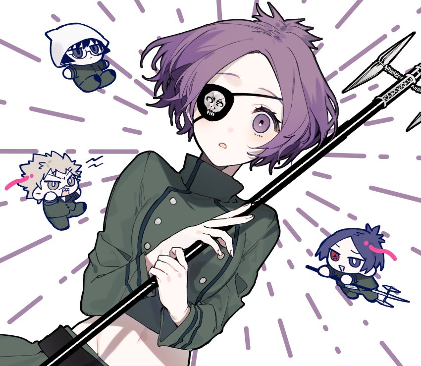 1girl 3boys beanie black_eyes buttons chrome_dokuro cropped_jacket double-breasted dutch_angle eyepatch glasses green_jacket green_pants green_skirt grey_eyes hat heterochromia highres holding holding_polearm holding_weapon jacket kakimoto_chikusa katekyo_hitman_reborn! ken_joshima light_brown_hair long_sleeves looking_at_viewer midriff multiple_boys naomato navel one_eye_covered pants parted_lips polearm purple_eyes purple_hair rokudou_mukuro short_hair simple_background skirt symbol-only_commentary weapon white_background white_headwear