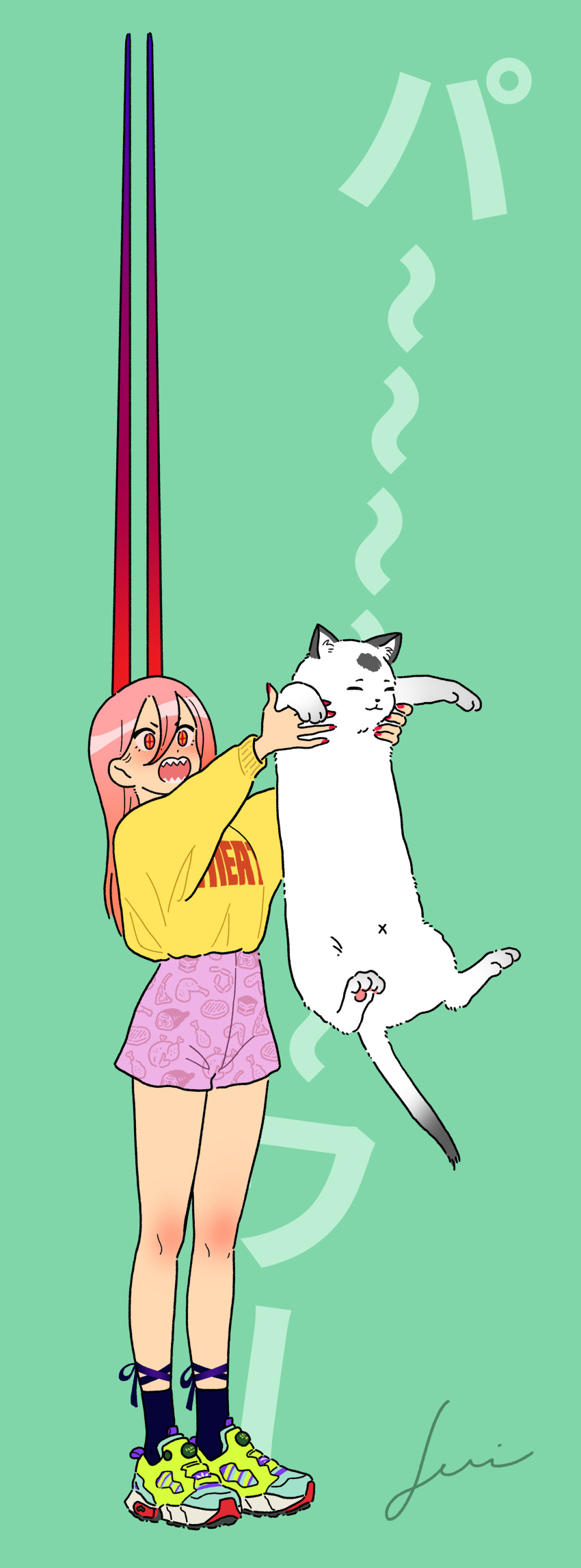 1girl 1other absurdres animal bare_legs black_socks cat chainsaw_man clothes_writing crosshair_pupils food_print highres holding holding_animal holding_cat horns jennie_congee long_hair longcat_(meme) meme meowy_(chainsaw_man) open_mouth orange_eyes pet pink_hair pink_shorts power_(chainsaw_man) reebok reebok_pump sharp_teeth shirt shoes shorts sneakers socks teeth yellow_shirt
