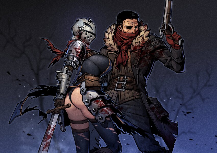 1boy 1girl absurdres armor ass bandana bandana_over_mouth blood blood_on_clothes bloody_weapon breasts coat crusader_(darkest_dungeon) darkest_dungeon fur-trimmed_coat fur_trim gun h_ikenuma handgun helmet highres highwayman_(darkest_dungeon) holding holding_gun holding_sword holding_weapon large_breasts pauldrons shaded_face short_hair shoulder_armor skindentation sword thighhighs torn_clothes vambraces weapon