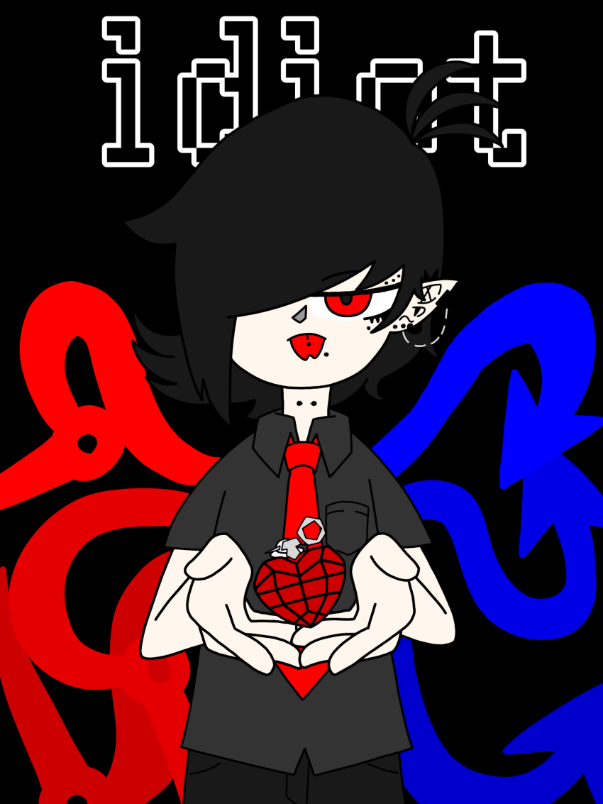 ahoge american_idiot asymmetrical_wings biliie_joe_armstrong biliie_joe_armstrong_(cosplay) billie_joe_armstrong black_background black_hair blue_wings breast_pocket collared_shirt cosplay crossdressing dddddenpa927 earrings english_text explosive face_piercing flat_color forked_tongue green_day grenade hair_over_one_eye heart highres houjuu_nue jewelry lip_piercing looking_at_viewer neck_piercing necktie piercing pocket red_eyes red_necktie red_wings shirt short_hair short_sleeves solo text_background tongue tongue_piercing touhou wings