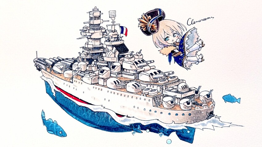 1girl anti-aircraft anti-aircraft_gun black_hat blonde_hair blue_eyes character_name chibi chibi_only clemenceau_(warship_girls_r) french_flag hat highres kikusui_karakuchi marker_(medium) military_vehicle peaked_cap ship ship_turret short_hair simple_background solo traditional_media warship warship_girls_r water watercraft white_background
