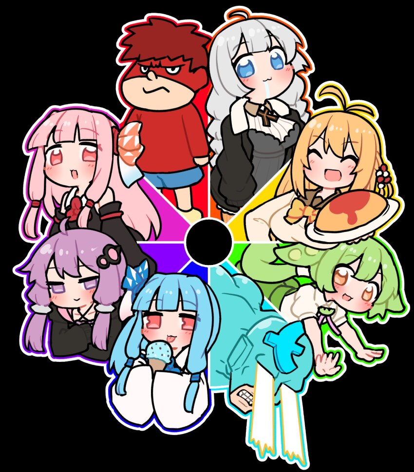 2boys 6+girls ahoge antenna_hair black_dress black_jacket blonde_hair blue_eyes blue_hair blue_shorts blush braid closed_eyes closed_mouth color_wheel_challenge crossover dress eagle_talon food green_hair grey_hair hair_ornament highres holding holding_food ice_cream jacket kizuna_akari kotonoha_akane kotonoha_aoi kuroshiro_gurei long_hair multiple_boys multiple_drawing_challenge multiple_girls omelet omurice open_clothes open_jacket open_mouth pink_eyes pink_hair purple_eyes purple_hair red_eyes red_shirt shirt short_hair short_hair_with_long_locks short_sleeves shorts sidelocks sleeves_past_fingers sleeves_past_wrists smile tongue tongue_out tsurumaki_maki twin_braids voiceroid voicevox white_shirt white_sleeves wide_sleeves yellow_eyes yoshida-kun_(eagle_talon) yuzuki_yukari zundamon