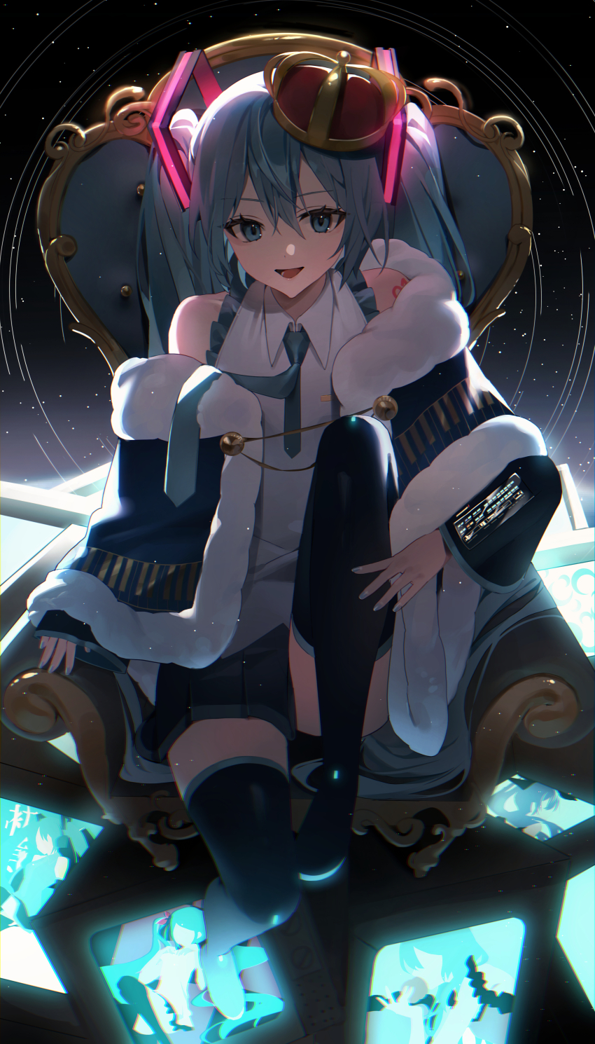 1girl absurdres aqua_eyes birthday black_footwear black_skirt black_thighhighs blue_necktie blue_trim collared_shirt commentary crown dated_commentary emduck hatsune_miku hatsune_miku_no_shoushitsu_(vocaloid) highres long_hair looking_at_viewer lying necktie night night_sky open_mouth pleated_skirt romeo_to_cinderella_(vocaloid) shinkai_shoujo_(vocaloid) shirt sitting skirt sky sleeveless sleeveless_shirt song_request songover star_(sky) television thighhighs throne tongue very_long_hair vocaloid white_shirt world_is_mine_(vocaloid) zettai_ryouiki