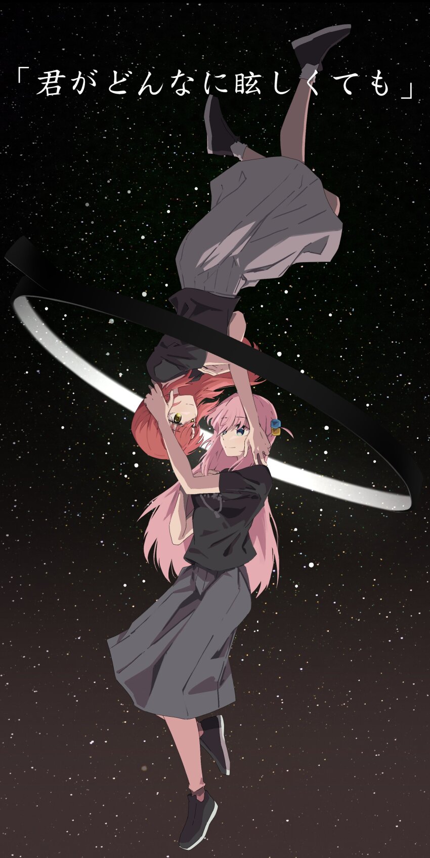 2girls absurdres asymmetrical_bangs black_background black_shirt blue_eyes bocchi_the_rock! commentary_request cube_hair_ornament eye_contact floating gotoh_hitori hair_between_eyes hair_ornament hand_on_another&#039;s_head hand_on_own_chest highres homu_(homuplush) jewelry kita_ikuyo legs_folded long_hair long_skirt looking_at_another multiple_girls pink_hair pleated_skirt red_hair ring shirt shoes sidelocks skirt sky smile sneakers socks space star_(sky) star_(symbol) starry_sky starry_sky_background t-shirt translation_request upside-down very_long_hair yellow_eyes yuri