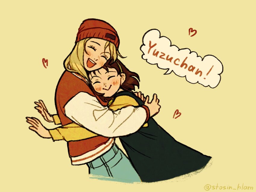 2girls :&gt; :d ^_^ beanie black_dress blonde_hair blush brown_hair closed_eyes commentary denim dress english_commentary hairband hat heart highres hug iwakura_mitsumi jacket jeans letterman_jacket multiple_girls murashige_yuzuki open_mouth pants red_hat red_jacket simple_background skip_to_loafer sleeveless sleeveless_dress smile speech_bubble stosin_hlam twitter_username yellow_background yellow_hairband