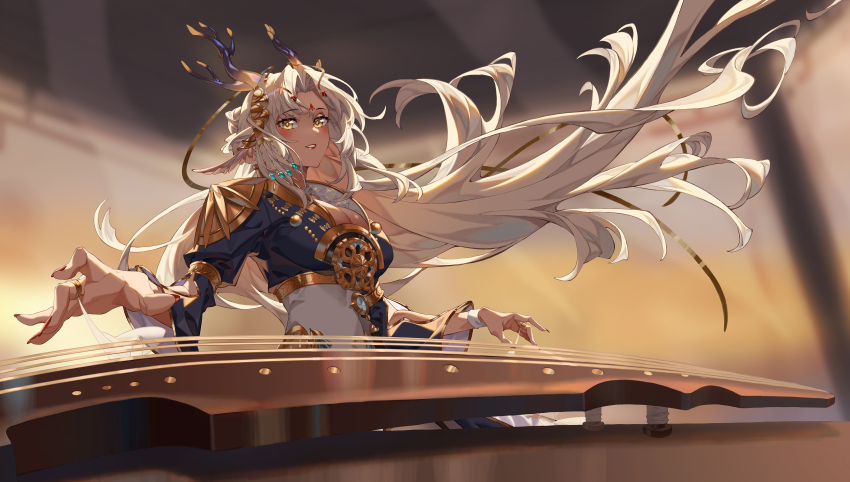 1girl absurdres animal_ears blurry blurry_background blush breasts character_request cheese_kang cleavage gold_trim gradient_horns guzheng hair_ribbon highres horns indoors instrument large_breasts lipstick long_hair looking_at_viewer makeup multicolored_horns music parted_lips playing_instrument ribbon solo upper_body very_long_hair white_hair yellow_eyes