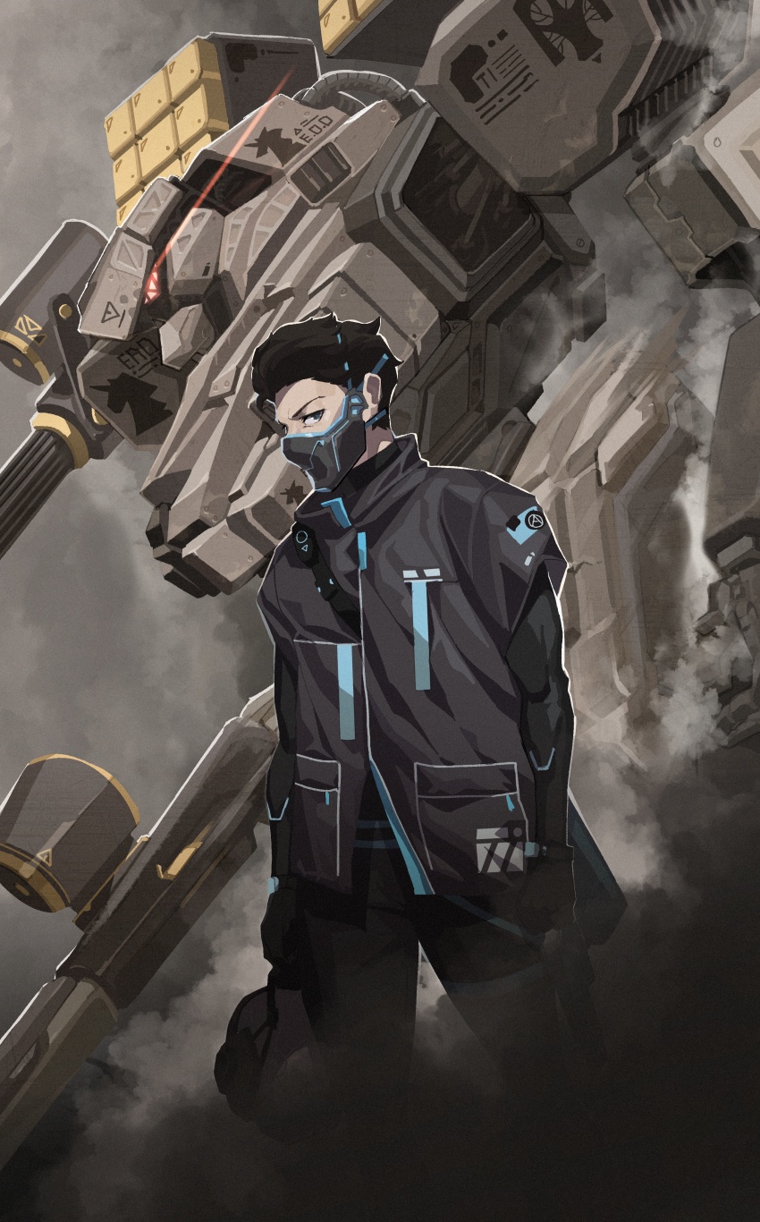 1boy absurdres black_gloves black_hair black_jacket black_pants blue_eyes commentary cover cover_image cover_page english_commentary game_sog_cheonjae_mechanic gatling_gun gloves gun hair_behind_ear highres holding holding_gun holding_weapon jacket jin_rou male_focus mecha minigun missile_pod novel_cover official_art pants robot science_fiction smoke weapon