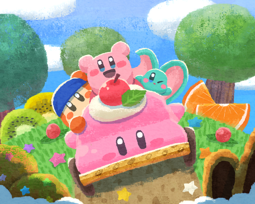 bandana bandana_waddle_dee blue_bandana blue_eyes blush_stickers car car-mouth_cake car_mouth cookie elfilin food forest fruit kirby kirby_(series) kirby_and_the_forgotten_land kiwi_(fruit) kiwi_slice looking_at_viewer miclot motor_vehicle mouthful_mode nature nintendo no_humans one_eye_closed open_mouth orange_(fruit) orange_slice smile star_(symbol) tree