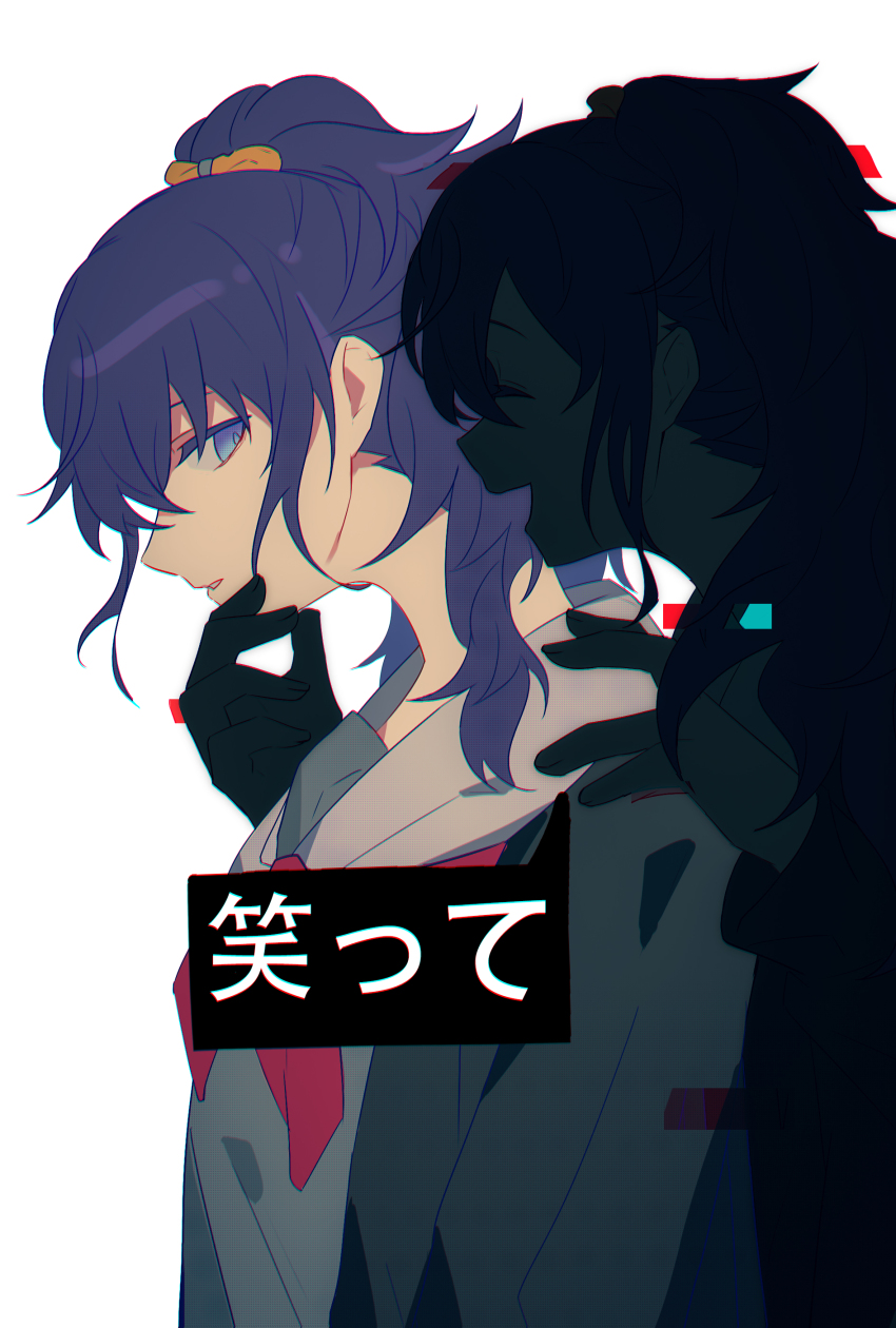 2girls ^_^ absurdres arms_at_sides asahina_mafuyu asahina_mafuyu&#039;s_mother black_jacket blue_eyes closed_eyes commentary from_side gradient_eyes grey_sailor_collar grey_shirt hand_on_another&#039;s_chin hand_on_another&#039;s_shoulder highres jacket looking_at_another medium_hair mother_and_daughter multicolored_eyes multiple_girls open_clothes open_jacket open_mouth parted_lips ponytail profile project_sekai purple_eyes purple_hair sailor_collar school_uniform shirt simple_background smile translated upper_body white_background ximuye