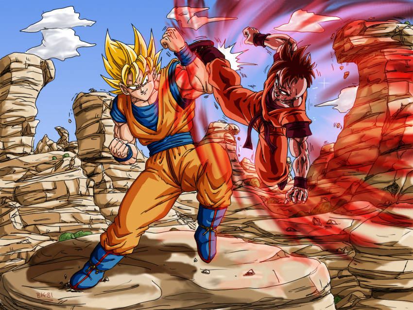 2boys aura black_eyes black_hair blocking blonde_hair dark-skinned_male dark_skin dragon_ball dragon_ball_multiverse green_eyes happy kaiouken kicking master_and_apprentice master_and_pupil multiple_boys muscular muscular_male serious smile son_goku sparring super_saiyan sweatdrop training uub