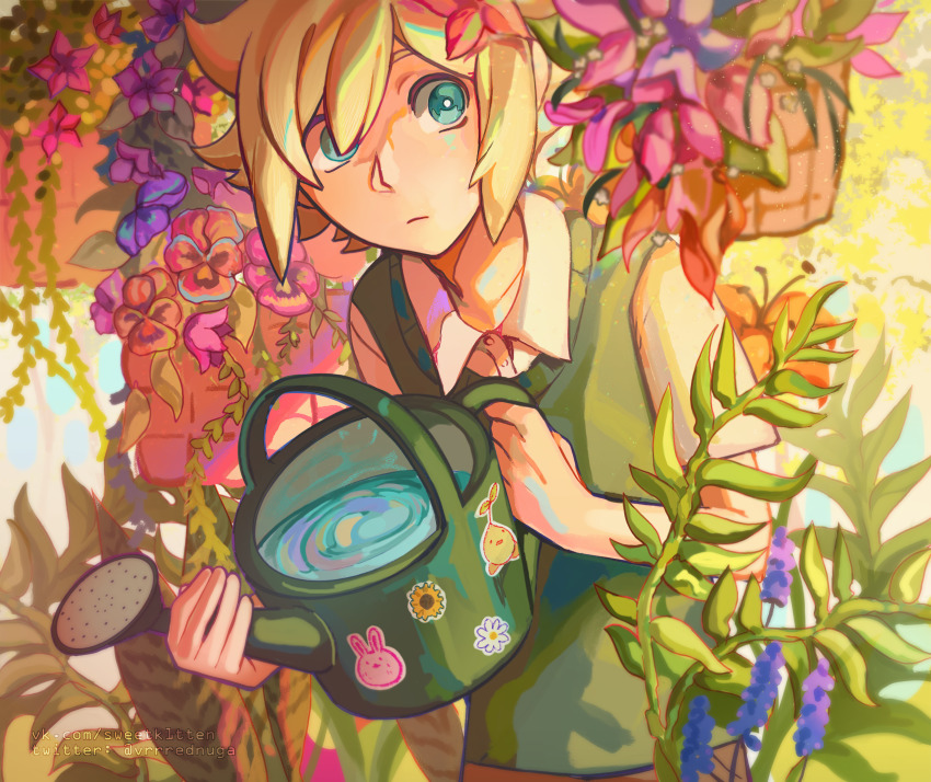 1boy absurdres basil_(faraway)_(omori) basil_(omori) blonde_hair blue_eyes brown_shorts closed_mouth collarbone collared_shirt expressionless flower forest_bunny_(omori) green_sweater_vest hair_flower hair_ornament highres holding holding_watering_can looking_at_viewer omori shirt short_hair short_sleeves shorts solo sprout_mole sticker sweater_vest sweetk1tten twitter_username vkontakte_username water watering_can watermark web_address white_shirt